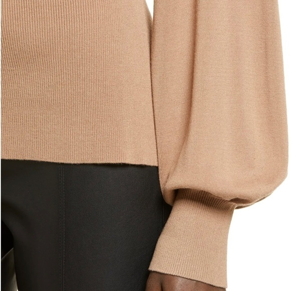 Tie Back Belt Ribbed Mocha Mousse Sweater Mock Neck Billow Sleeve Size L NWT - Picture 7 of 16